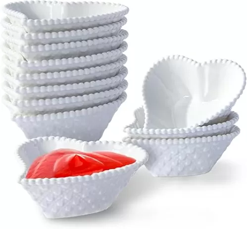 UIBFCWN 12 Pack Ceramic Mini Dipping Bowls, 3 inch Soy Sauce Dish Set, 1.7 oz Heart Shaped Small Dip Bowl for Side Dish, Multipurpose Serving Bowls for Ketchup, Sushi