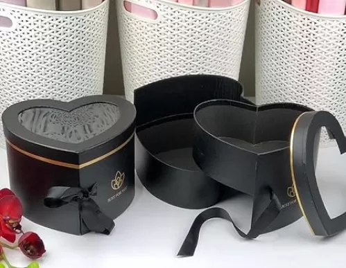 UNIKPACKAGING Premium Quality 2 Tier Heart Shaped Box for Luxury Flower and Gift Arrangements, with Lid, Size 9x8x6.5,Surprise Flower Box, (Black)
