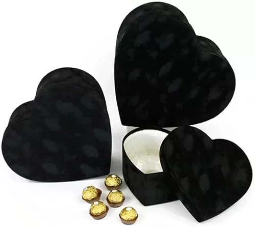 UNIKPACKAGING Premium Quality Heart Shaped Velvet Flower Boxes, SET OF 3, Gift Boxes for Luxury Flower and Gift Arrangements, with Lids, (Black)