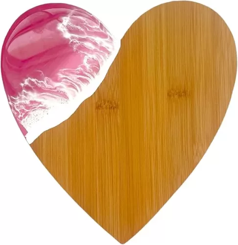 Valentines Day Heart Shaped Bamboo Serving Board with Pink Resin Art, Decorative Wooden Cutting Board