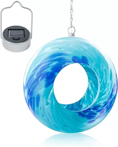 VCUTEKA Bird Feeder Solar Fly Through Birds Feeders for Outside Hanging with Round Shape Glass Container to Attract More Wild Birds for Garden Decor, Solar Birdfeeder as Gift for Bird Lovers, 8-Inch