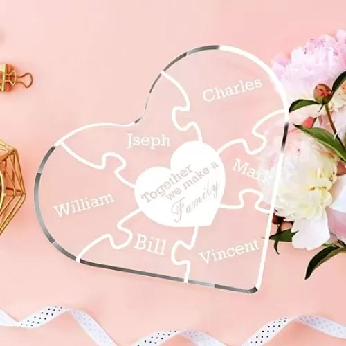 VEELU Custom Family Names Plate Personalized Love Heart Shaped 3D Crystal Keepsake Clear Acrylic Glass Block Home Bedroom Decor Best Gift for Mom Dad Lover Friends - Together We Mke a Family