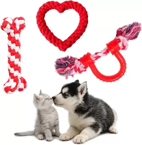 Vehomy 3Pcs Dog Valentine's Day Toys Dog Rope Toys for Dog Teeth Cleaning I Shape Heart Shape U Shape I Love You Valentine's Day Cotton Rope Puppy Chewing Toys for Small Medium Pet Dogs