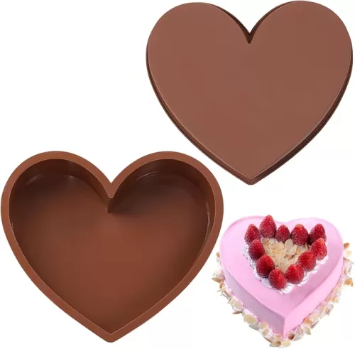 Vinino 2 Pcs Set Silicone Heart Shaped Cake Pans, 10 Inch Large Heart Molds for Baking, Reusable, Nonstick, Easy to Release, Food Grade Silicone for freezer, microwave, oven safe (Brown)
