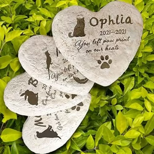 VIVIYI Heart Shaped Pet Memorial Stone Personalized Pet Grave Marker for Outdoor, Resin Dog Tombstone Cat Headstone Handmade Sympathy Gift Custom with Name Date Quote and Silhouette
