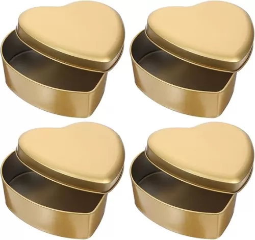 VOSAREA 4pcs Empty Heart Shaped Candy Boxes - Elegant Gold Metal Tins for Sweet Treats - Wedding Favors and Rustic Decor for Chocolates Candies and Keepsakes