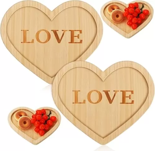 Whaline 2Pcs Heart Shape Serving Platters Valentine Charcuterie Board with Grooves Wood Snack Cheese Platter Tray for Valentine Decor Kitchen Accessories Housewarming Present 11.6 x 9.8 in