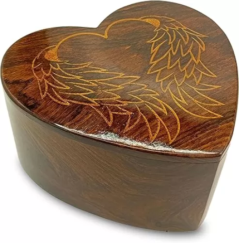 Wooden Heart Shape Angel Wings Engraved Keepsake Urn –Cremation Urn for Human Ashes Adult Female, Male -Handmade Wooden Urns for Human/Pet Ashes Adult | Wooden Cremation urn