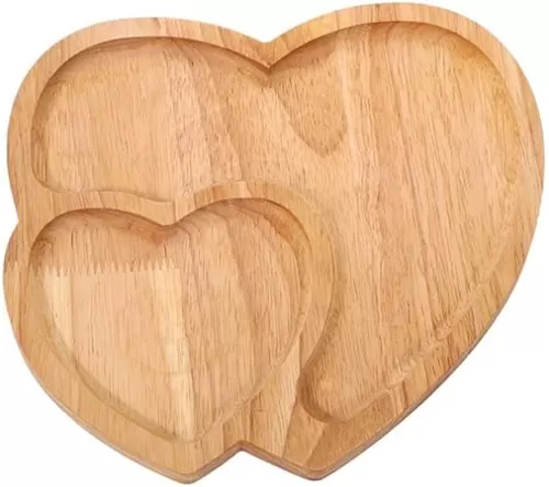 Wooden Serving Tray Double Heart Shaped Cheese Board Salad Plate Reusable Dinner Plate Wood Appetizer Platter for Desserts, Snacks, Cakes, Breads, Fruits, Vegetables (1 Piece)