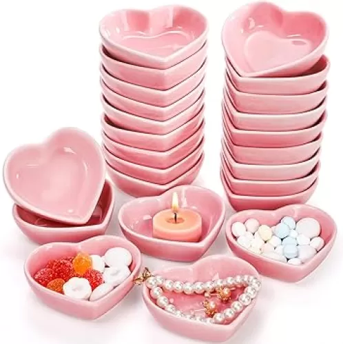 WUWEOT 24 Pack Pink Heart Shape Sauce Dish, 3 Inches Ceramic Side Bowl, Mini Appetizer Plates, Jewelry Ring Dish Tray, Salad Dish Seasoning Holder for Wedding Birthday Party Valentine