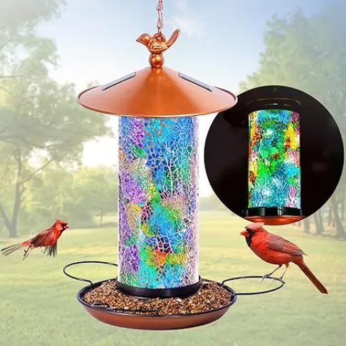 XDW-GIFTS Mosaic Solar Bird Feeder, Waterproof Lantern Shape with Hook & 4 LED Lights, Garden Decor for Lawn, Patio, Balcony, Yard Ornament - Unique Gifts for Mom, Women, Grandma, Bird Lovers
