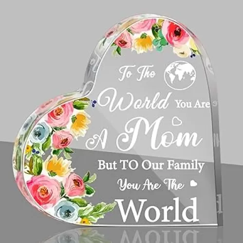Yalikop Mother's Day Gifts for Mom from Son and Daughter, to the World You Are a Mom But to Our Family You Are the World, Heart Shaped Acrylic Keepsake Gifts for Mother Stepmom Birthday Anniversary