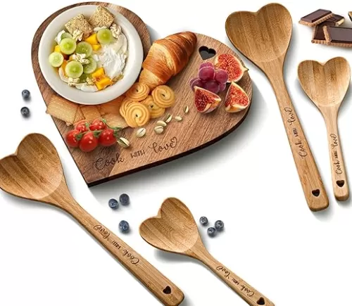 Yinder 5 Pcs Wedding Table Decoration Set Bamboo Heart Shaped Charcuterie Board Heart Cutting Board Engraved Wooden Spoon Serving Platters Kitchen Accessories for Wedding Birthday(Classic Style)