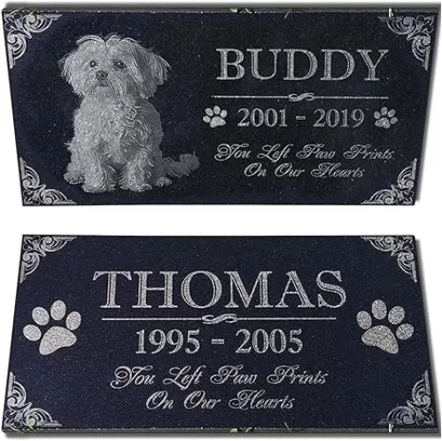 You Left Paw Prints on Our Hearts Pet Memorial Stones Personalized Headstone Grave Marker Absolute Black Granite Garden Plaque Engraved with Dog Cat Name Dates