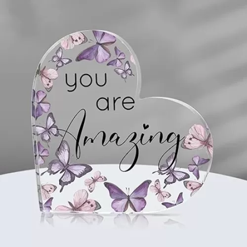 Yulejo Inspirational Gift You are Amazing Sign Acrylic Butterfly Decor Heart Shape Keepsake Rustic Butterflies Decoration Table Centerpiece for Coworker Employee Teacher Student(Purple)
