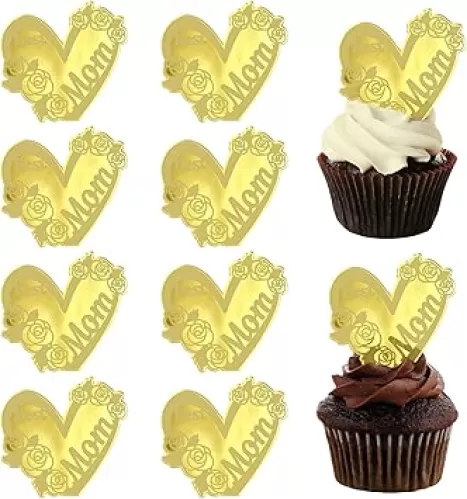 10 Pcs Best Mom Cupcake Toppers Gold Acrylic Engraved Rose Heart Shaped Cupcake Topper Decorations for Mother's Day Baking Dessert Decor Supplies