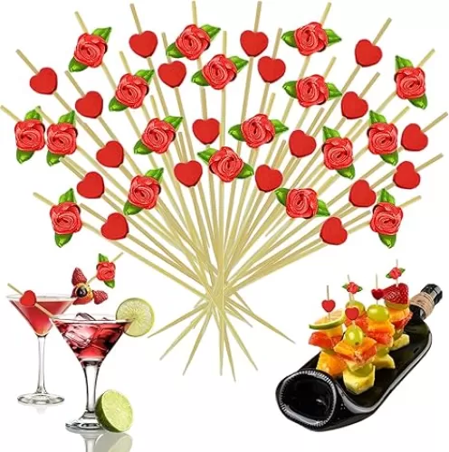 100 Pack Fancy Toothpicks for Appetizers 4.7 Inch Long Bamboo Cocktail Picks Red Heart Rose Flower Shaped Fruit Cake Dessert Barbecue Snacks Sandwiches (Red)