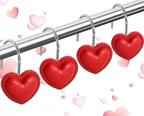 12 Pieces Red Heart Shower Curtain Hooks, Hearts Stainless Steel Decorative Shower Curtain Hook Hangers Rings for Bathroom