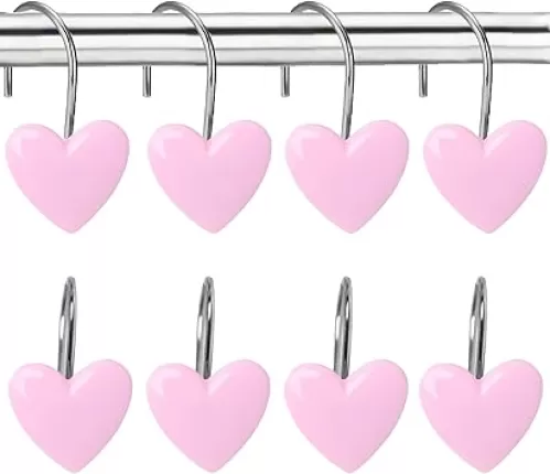 12PCS Decorative Heart Shower Curtain Hooks - Cute Pink Bathroom Accessories, Non-Rust Metal Hooks for Shower Curtain Rings, Easy Install Bathroom Decor for Women, Girls, Kids Room