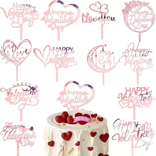 12Style Happy Valentine's Day Cake Topper Acrylic Valentines Cake Topper Rose Gold Sweet Love Heart Shaped Cupcake Topper Cake Picks for Valentine's Day Anniversary Wedding Birthday Party Cake Decor