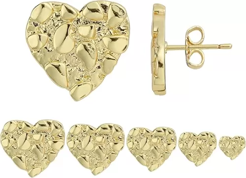 14k Gold Plated Rough Textured Cookie Heart Shape Nugget Stud Earrings For Men/Women Unisex