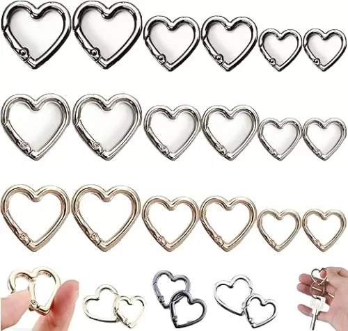 18 Pcs Heart Shaped Carabiner, Cute Zinc Alloy Heart Keychain Clip with 3 Sizes(22/26/30mm), Heavy Duty Spring Snap Clasp Key Ring Clip for Camping Hiking Fishing