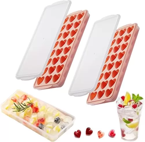 2 Pack Heart-Shaped Ice Cube Trays with lid and bin - 48 Holes Silicone Mini Heart Ice Cube Tray, BPA Free and Dishwasher Safe, Fun Shape Ice Cube Mold, Easy to Remove
