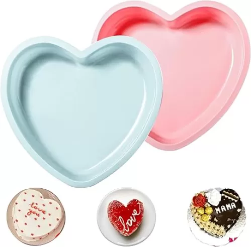 2 PCS Heart Shaped Cake Pans, 8 inch Silicone Cake Mold, Non-Stick Heart Cake Baking Tray