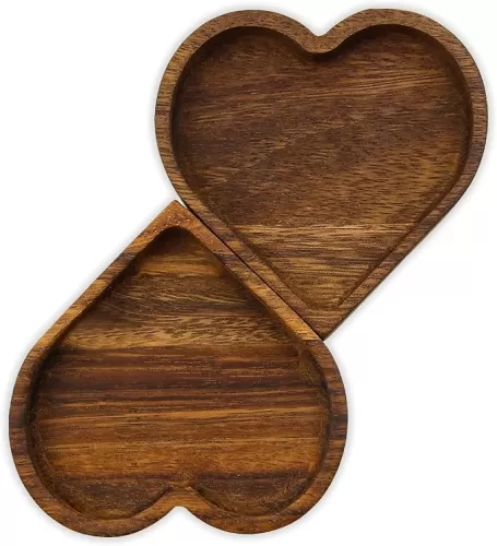 2 PCS Small Heart Shaped Wooden Tray, Walnut Wood Heart Serving Platters Organizer Jewelry Storage Tray Snack Dish Nut Candy Container Tray Dessert Plate for Home Office Restaurant Cafe Table Decor