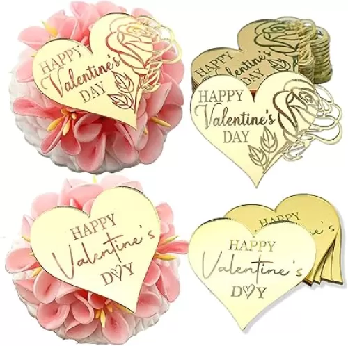 24pcs Rose Carving Gold Mirror Acrylic Heart Shape Happy Valentine's Day Cupcake Decorations, Valentine's Day Cake Party Supplies Gifts
