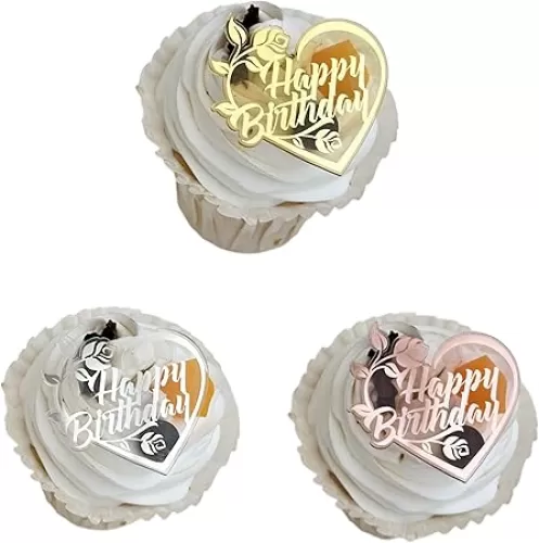 3-Pack Happy Birthday Mirror Acrylic Heart-Shaped Engraved Cupcake Toppers for DIY Dessert Decoration at Birthday Parties