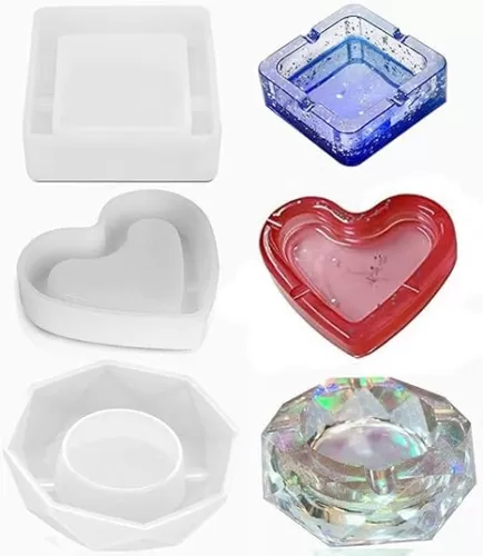 3 Pack Resin Silicone Mold, Urvoo Resin Casting Molds DIY Square Heart Rhombus Shape Resin Silicone Ashtray Molds for DIY Home Resin Casting Craft