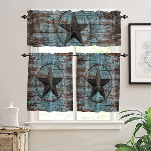3 Pieces Kitchen Curtains and Valance Set Country Hearts and Stars Kitchen Curtain Set Light Filtering Tier Curtains Short Valance Rod Pocket Window Treatment Curtain 3 Panels, Texas Star Pentagram