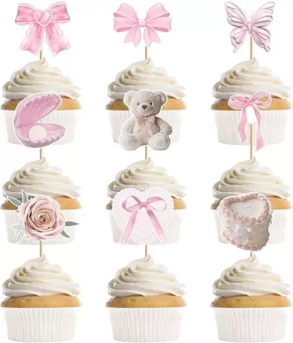 36 Pcs Pink Birthday Party Decorations, Pink Bow Butterfly Shell Bear Heart-shaped Cake Lace Rose Cute Cupcake Toppers, Birthday Baby Shower Party Supplies (9 Designs)