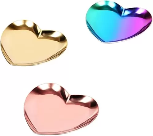 3PCS Jewelry Dish Ring Dish Heart Shaped Metal Storage Tray Ring Holder for Jewelry Necklaces Earrings Engagement Wedding Home Decor Mix Colors
