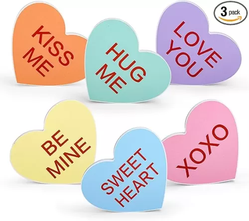 3Pcs Valentine Conversation Hearts Wooden Table Sign Double-Sided Tabletop Centerpiece Colorful Candy Heart Shape Tiered Tray Decor for Wedding Home Shelf Display