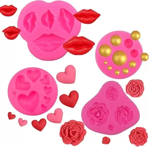4 Pieces Rose Hearts Lips Dots Shape Silicone Molds Fondant Gum Paste Molds Candy Chocolate Cake Molds for Cake Decorating Sugar Crafts