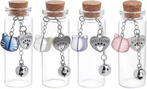 4Pcs Pet Fur Memorial Jar 4 Styles Transparent Glass Empty Bottle with Bells Cat Charm Heart Shaped Plaque Vial for Ashes Or Hair Dog Or Cat Keepsake Pet Memorialize Gift