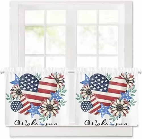 4th of July Kitchen Curtains - 30 Inch Length Kitchen Window Curtains Over Sink - Short Blackout Curtain - Independence Day Red Striped Love Heart Stars Tier Curtain for Bathroom 30"x30"