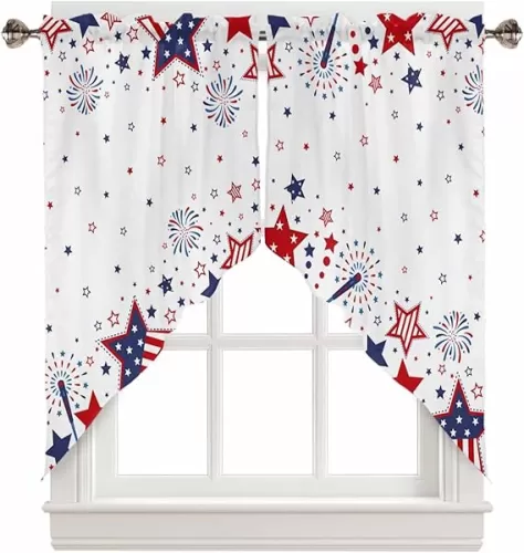 4th of July Kitchen Curtains Red Blue Stars Firework Window Valance Set, American Patriotic Independence Day Rod Pocket Curtains Swag for Living Room, Memorial Day Swag Valance 36" Long Set