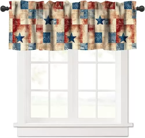 4th of July Valance Curtain, Rustic Vintage Country Red White Blue American Stars Independence Day Print Blackout Short Window Treatment for Kitchen Bedroom Livingroom, 54x18inch