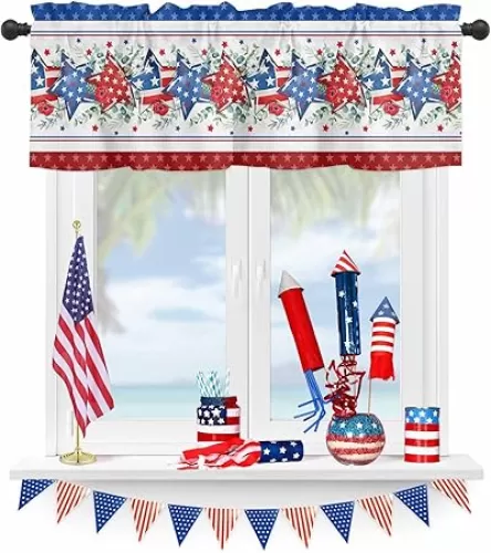 4th of July Valance for Windows Patriotic Stars Curtains Valances Red White and Blue Independence Day Rod Pocket Valance Window Treatments Memorial Day Short Curtains for Kitchen Living Room 54x18