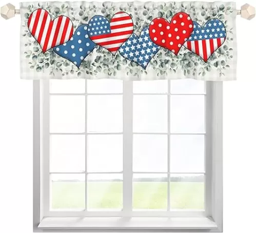 4th of July Window Curtain Valance American Flag Love Heart Short Curtains Valances Patriotic Stars Plaid Rod Pocket Window Treatments for Kitchen Living Room Bedroom Bathroom 54x18in 1 Pack