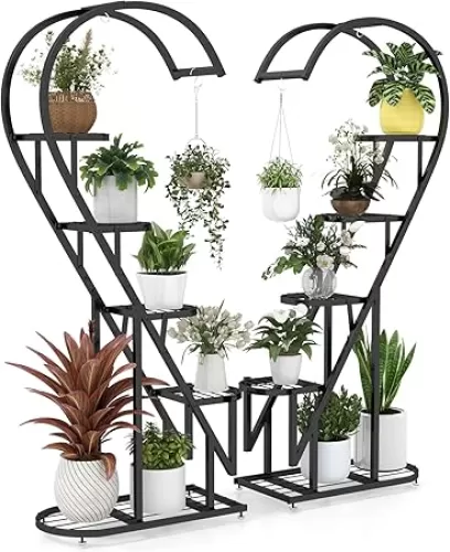 5 Tier Plant Stand, 2 Pack Heart Shaped Plant Stand Indoor Plant Stands for Multiple Plants, Metal Plant Stands with Hanging Hook Plant Shelf Outdoor for Home Decor, Living Room & Balcony