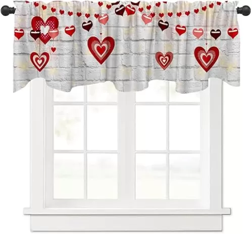 54x18 Inches White Brick Wall Lamp String Window Treatment Valance Red and White Heart Love Kitchen Dining Room Decorations Supplies