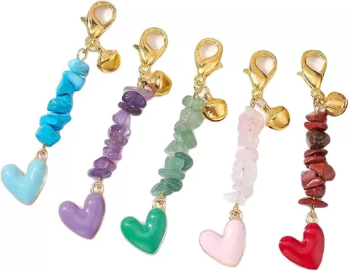 5pcs 5 Colors Enamel Heart & Gemstone Chip Keychains Heart Shaped Lobster Claw Clasps Charms with Bell Cute Hanging Ornaments for DIY Backpack Decor