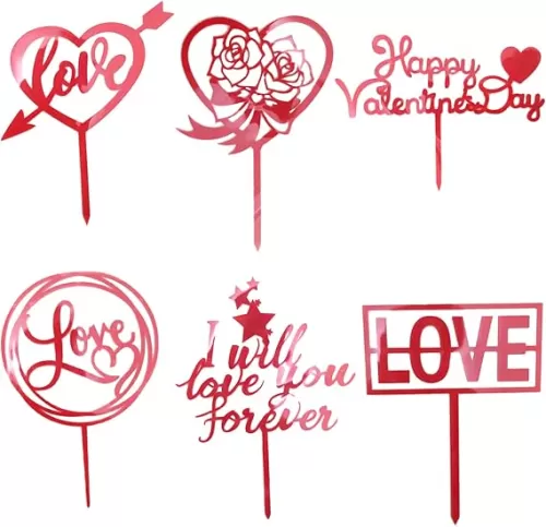 6 PCS Red Happy Valentine's Day Cake Topper Love Heart Shape Cake Decoration Red Rose Flower Cake Toppers for Valentines Day Decorations, Romantic Decorations Special Night, Anniversary Decorations