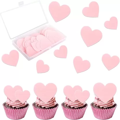 60 Pack Edible Heart Cake Topper Love Heart Cupcake Picks Water Paper Valentine's Day Theme Cake Decorations for Wedding Engagement Bridal Shower Birthday Party Supplies Pink