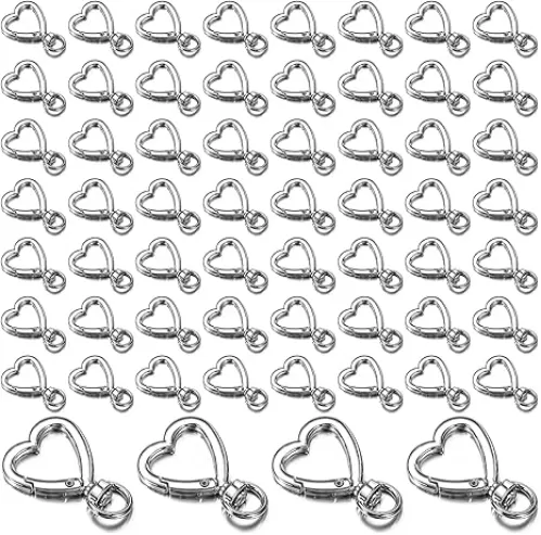 60 Pcs Heart Keychain Clip Silver Metal Heart Keychain Clasp Hearts Key Ring DIY Creative Design Hanging Swivel Lobster Claw Clasps Trigger Spring Snap Hook Hearts Carabiner Clip for Jewelry Making