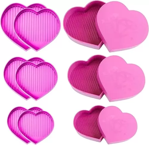6PCS Pink Heart Diamond Sorting Trays — Diamond Painting Bead Sorting Trays Art Organizer for DIY Craft Rhinestone Plate Small Plastic Boxes Rose Cross Nail Dotting Tools Heart Shape